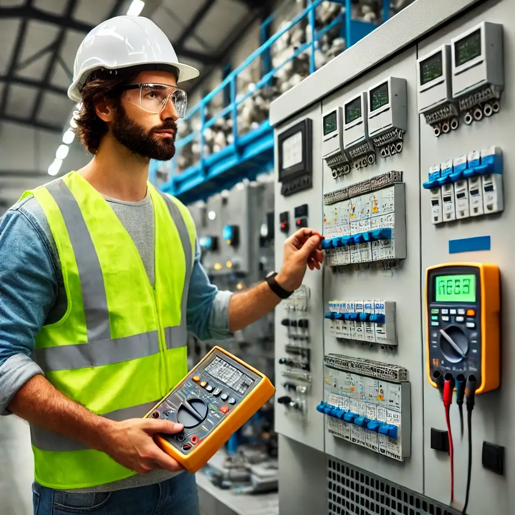 Engineer testing an industrial control panel